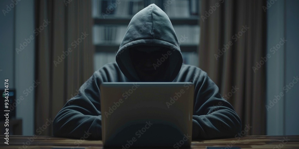 Hacker capturing personal data from computer displays for identity theft or financial fraud.