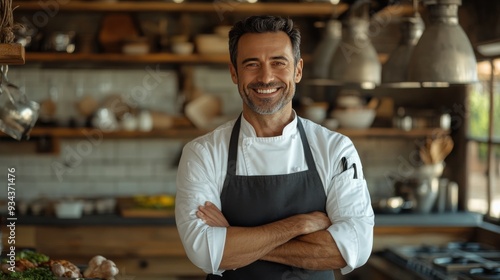 Chef smiling in a rustic kitchen, showcasing culinary expertise and passion