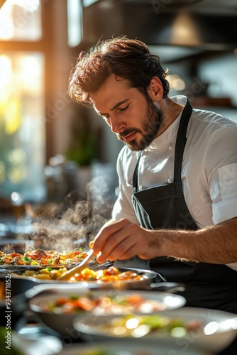 Chef preparing gourmet dishes in a bright kitchen during evening hours