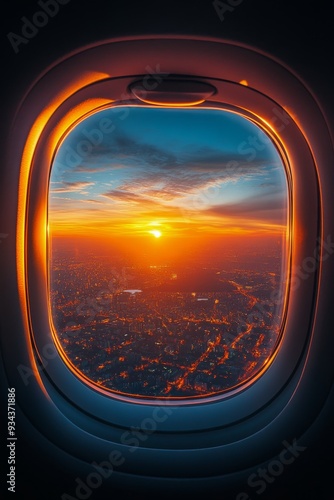 Aerial view of city at sunset from airplane window during evening flight