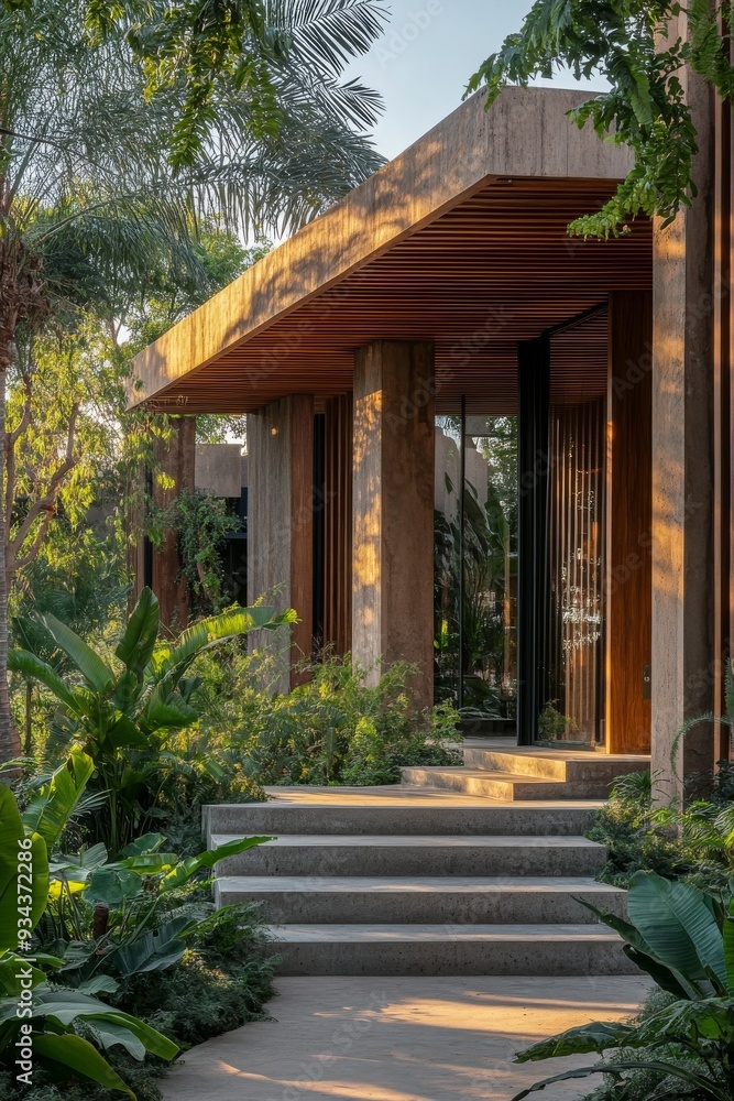 Fototapeta premium Modern architectural entrance surrounded by lush greenery in the afternoon light