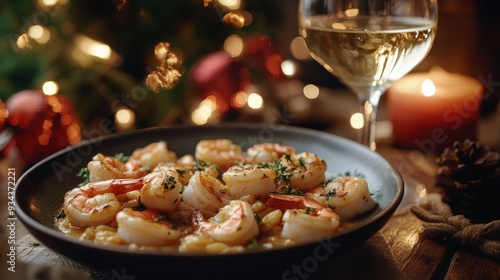 Shrimp dish served with white wine during a festive dinner gathering at night