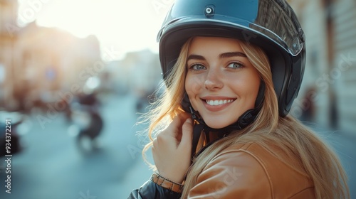 Young woman smiling while wearing a helmet in an urban street during the day