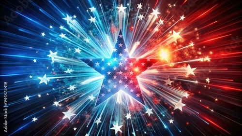 Vibrant starburst explodes in a kaleidoscope of red, white, and blue hues, symbolizing American patriotism, freedom, and joy, against a dark dramatic background.