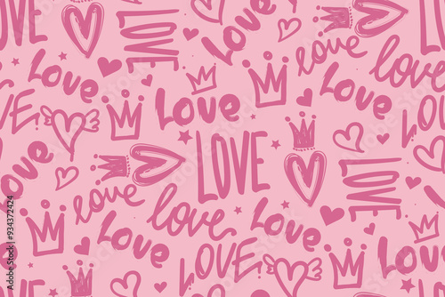 Abstract seamless love pattern with hearts, crown, text Love. Typography ornament Valentine's day. Romantic print.