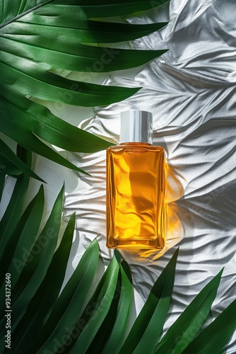 Botanical drops on textured surface with green leaves and liquid container