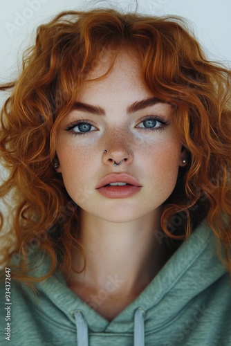 Young woman with curly red hair and blue eyes wearing a green hoodie indoors