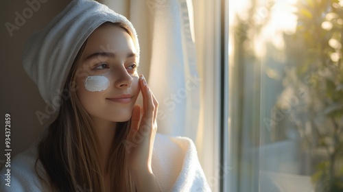 Woman applying face cream at home in natural morning light