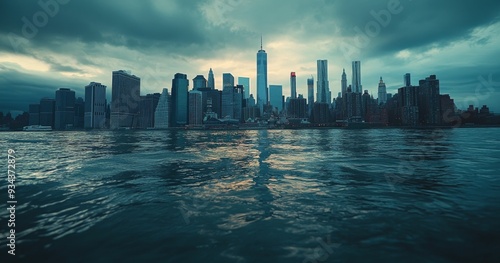 City skyline at dusk with dramatic clouds over water