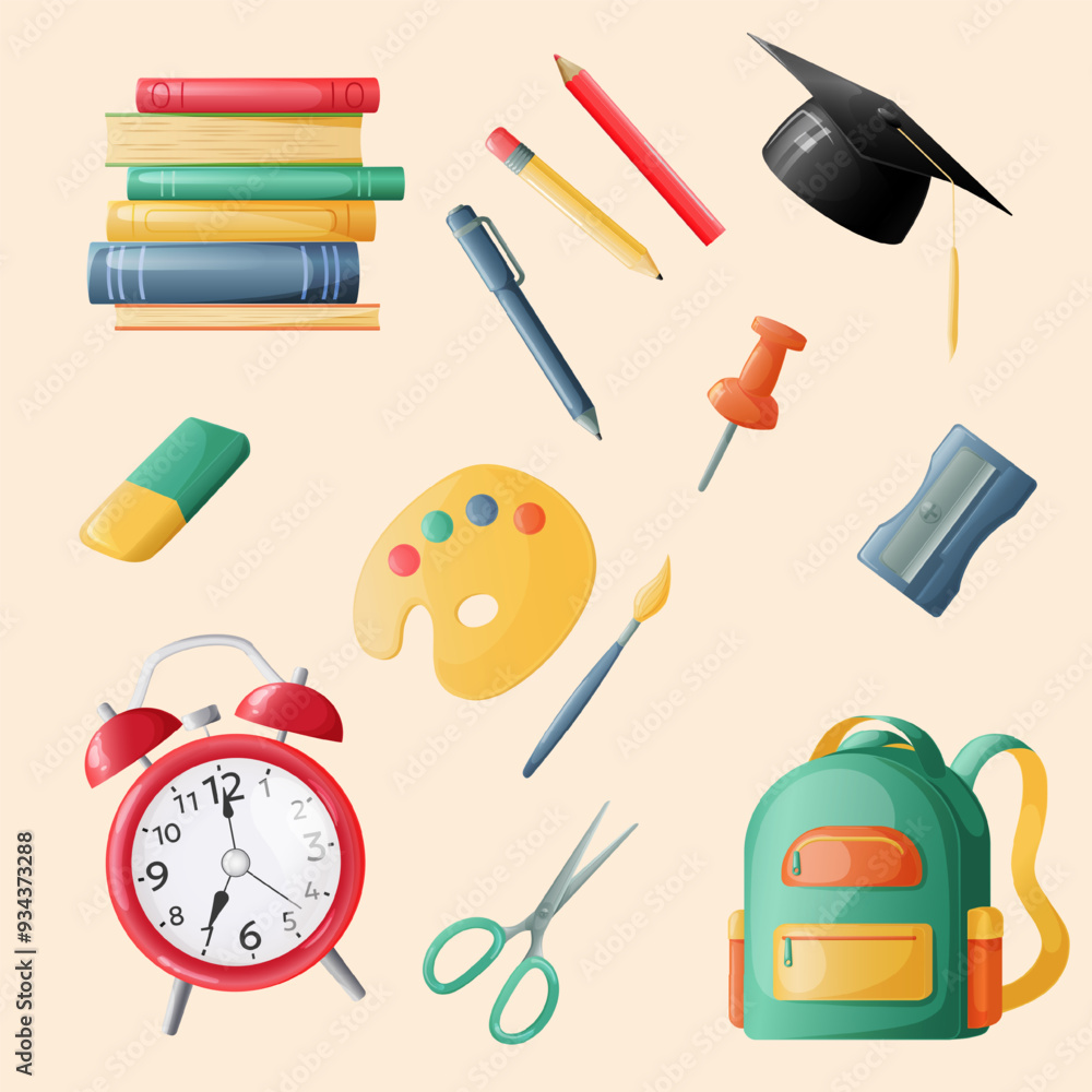 Office supplies. Stacks of books, writing supplies for the office and school. Back to school. Vector illustration Office supplies. Stacks of books, writing supplies for the office and school. Back to school. Vector illustration