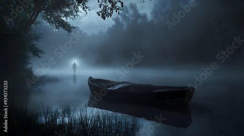 Fototapeta Naklejka Na Ścianę i Meble -  Ghostly figure hovering over a mist-covered lake at dawn with an abandoned rowboat