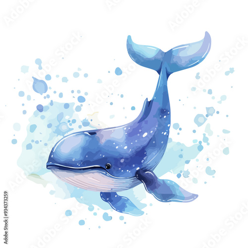 Watercolor vector of a cartoon Whale, isolated on a white background, Whale animation