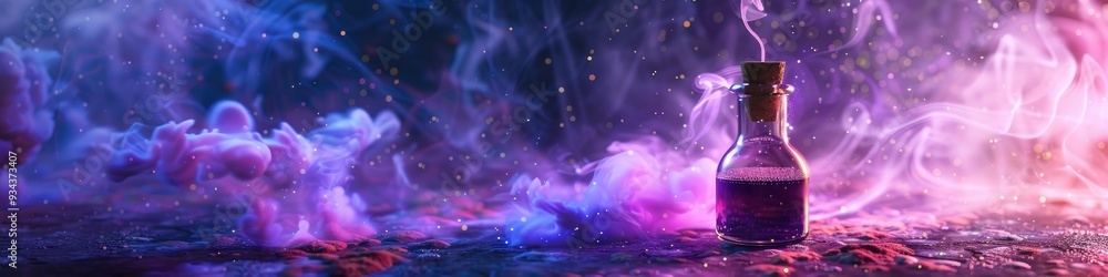 Bottle of enchanting liquid surrounded by violet purple smoke, witch's brew. Bottle of enchanting liquid surrounded by violet purple smoke, witch's brew.