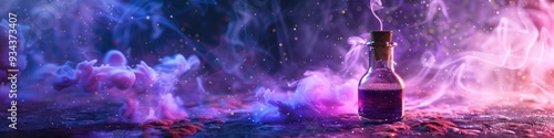 Bottle of enchanting liquid surrounded by violet purple smoke, witch's brew. photo