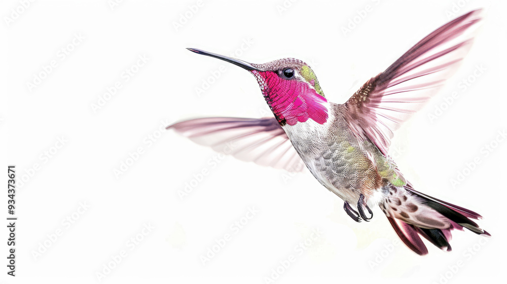 Obraz premium Hummingbird flying through the air with its wings spread out and its wings spread out on white background