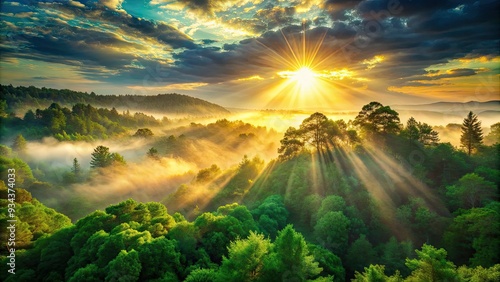 Vibrant sunbeams burst through the clouds, casting a warm, ethereal glow on the lush green foliage, illuminating the serene misty forest landscape at dawn. photo