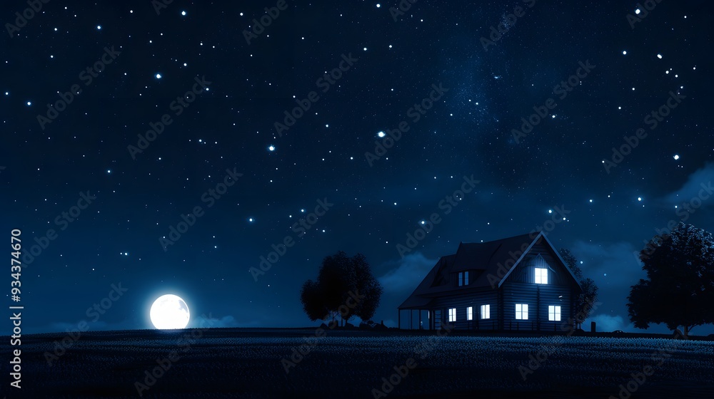 Fototapeta premium A modern house bathed in moonlight stars shimmering in the background AI generated illustration
