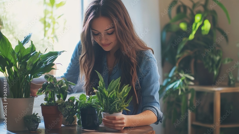 A woman is looking at potted plants on a table, AI A woman is looking at potted plants on a table, AI