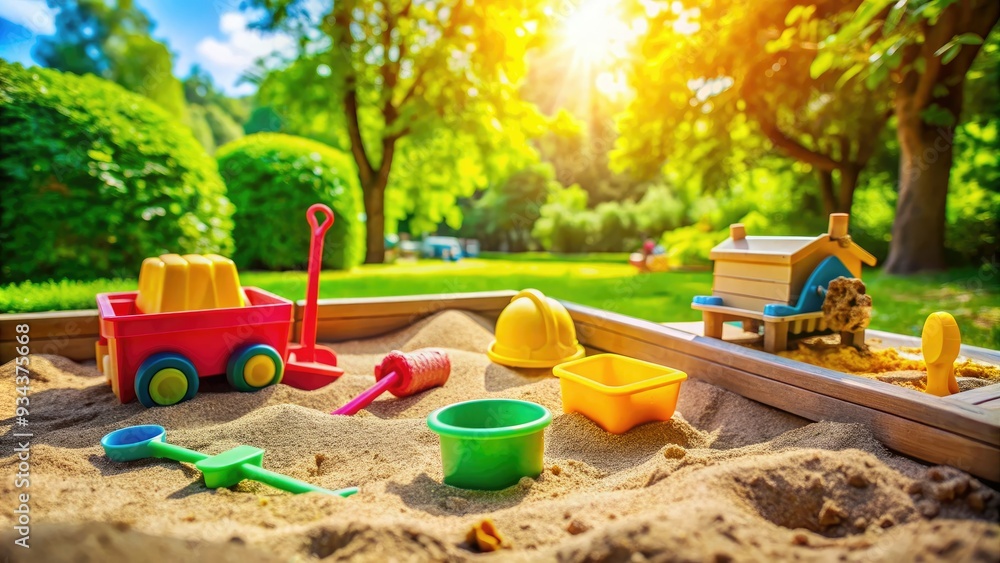 Vibrant toys and a sturdy shovel lie scattered in a sandbox, surrounded by lush greenery, evoking memories of carefree childhood playtime in a sunny playground. Vibrant toys and a sturdy shovel lie scattered in a sandbox, surrounded by lush greenery, evoking memories of carefree childhood playtime in a sunny playground.