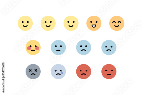 Happy, sad, angry, tired emoji face emoticon set. Round emoji with different mood. Feeling, emotion, facial expression concept. Flat cartoon character vector design isolated illustration.