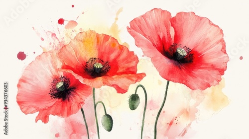 Fototapeta Naklejka Na Ścianę i Meble -  Red poppies in watercolor Abstract floral composition Botanical illustration