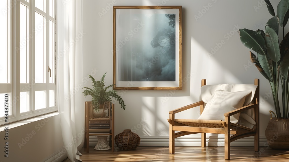 Fototapeta premium A rooms corner speaks volumes about minimalism featuring a cinematic poster encased in a wooden frame AI generated illustration