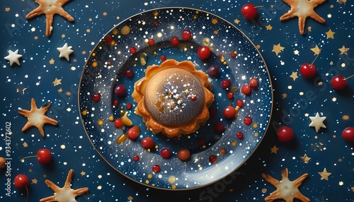 Delicious desserts are placed on plates with a starry sky pattern, implying that wishes come true. photo