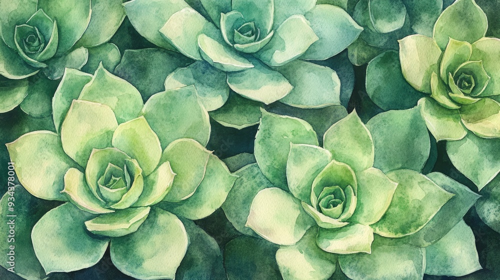 Obraz premium Watercolor depiction of green succulents in close up view