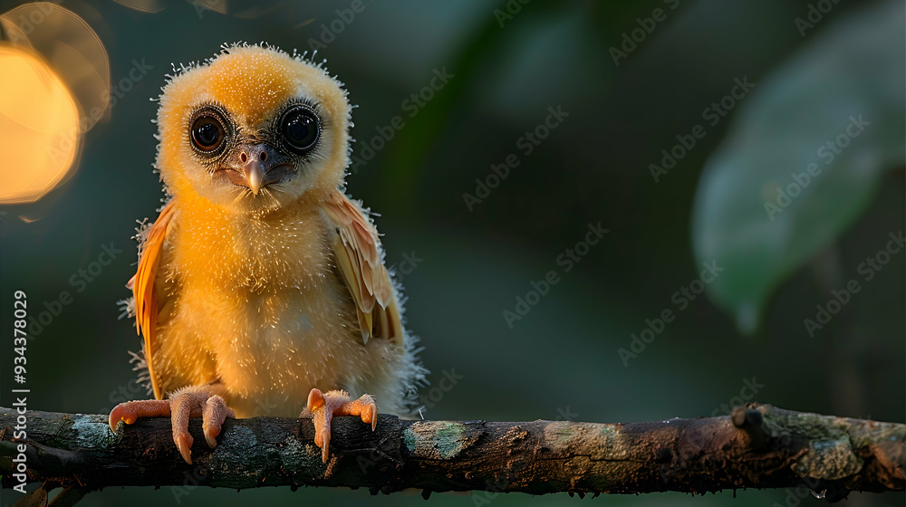 Amazon Common Potoo perched on a branch at dusk, its large eyes glowing Amazon Common Potoo perched on a branch at dusk, its large eyes glowing