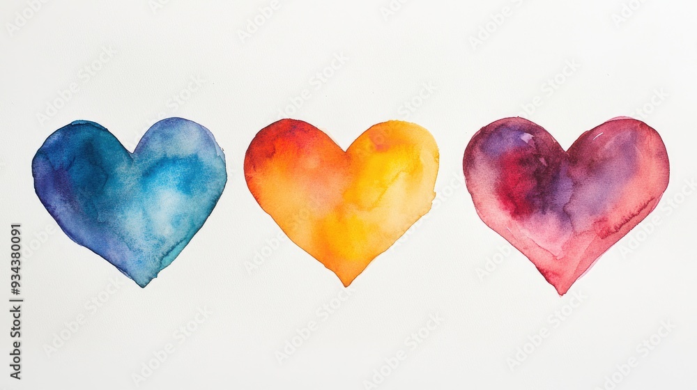 Fototapeta premium Three watercolor hearts on a white backdrop