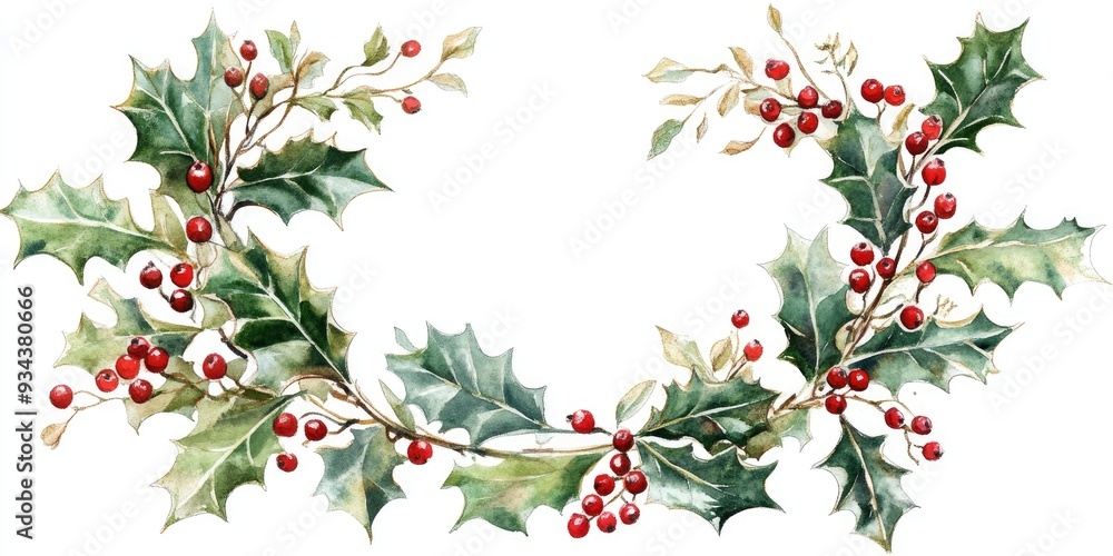 Fototapeta premium Watercolor Christmas wreath featuring holly with winter greenery and red berries An illustration suitable for floral postcards and invitations set against a white background