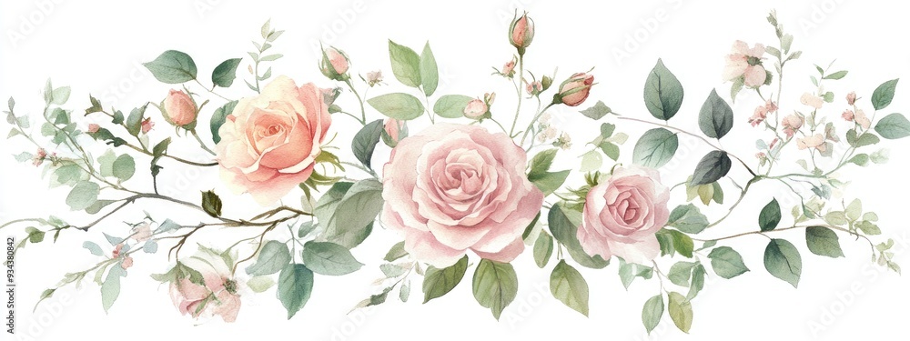 Fototapeta premium Watercolor collection of decorative arrangements featuring soft pink rose blossoms foliage and twigs