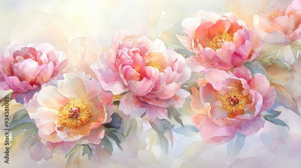 Watercolor arrangement featuring peonies against a light backdrop Watercolor arrangement featuring peonies against a light backdrop