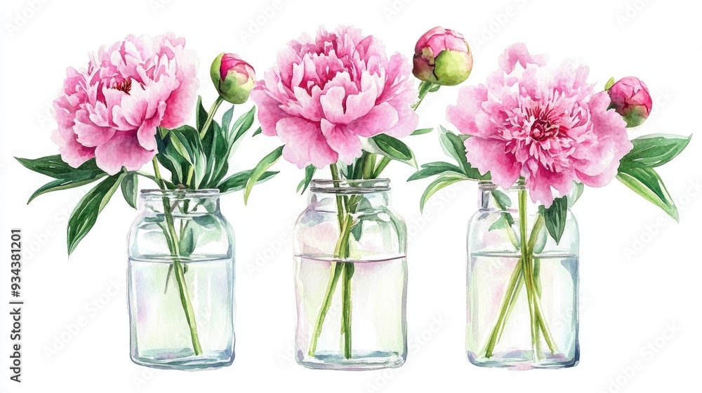 Peonies arranged in a clear bottle Isolated on a white background Watercolor illustration Peonies arranged in a clear bottle Isolated on a white background Watercolor illustration