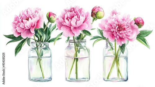 Wallpaper Mural Peonies arranged in a clear bottle Isolated on a white background Watercolor illustration Torontodigital.ca