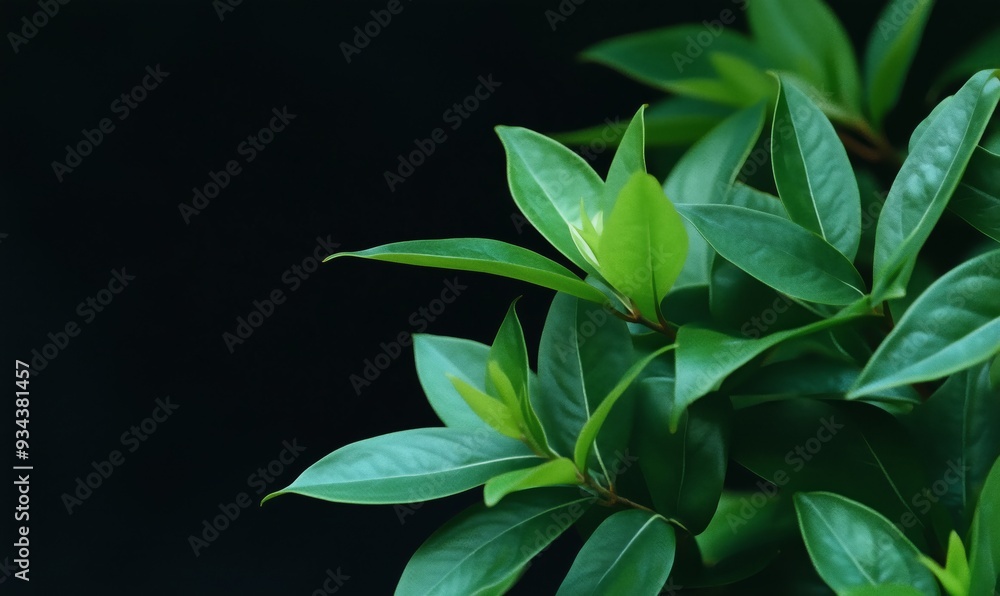Close-up of dark green leaves against a black background. Green leaves in a mysterious atmosphere contrasting between light and shadow. Close-up of dark green leaves against a black background. Green leaves in a mysterious atmosphere contrasting between light and shadow.