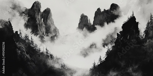 Watercolor depiction of a striking black and white landscape