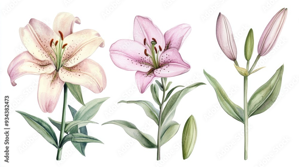 Watercolor collection featuring delicate pink lilies in bloom accompanied by green leaves and a budding flower Watercolor collection featuring delicate pink lilies in bloom accompanied by green leaves and a budding flower