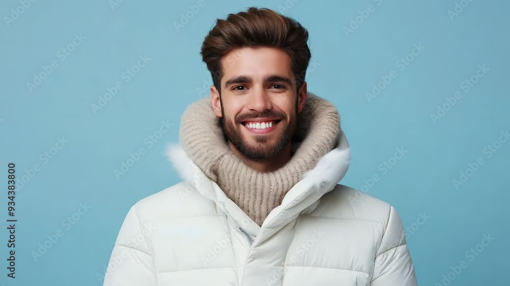 A young man displays a cheerful demeanor while wearing a stylish winter coat and a cozy scarf in front of a light blue backdrop, ideal for capturing warmth and fashion in cold weather. A young man displays a cheerful demeanor while wearing a stylish winter coat and a cozy scarf in front of a light blue backdrop, ideal for capturing warmth and fashion in cold weather.