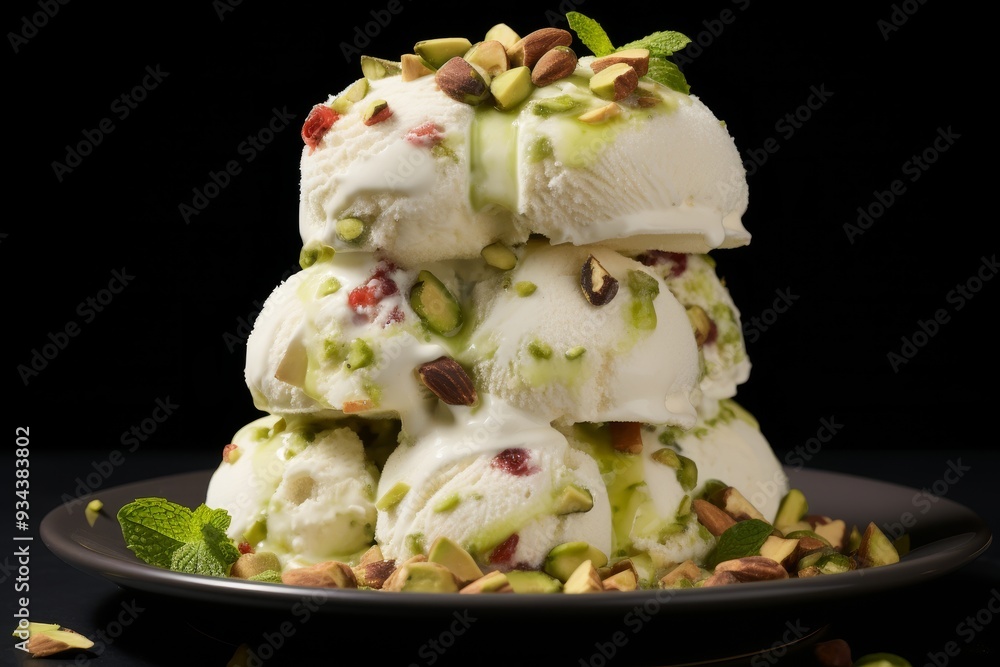 Detailed close up of a luscious pistachio ice cream dessert captured in macro photography Detailed close up of a luscious pistachio ice cream dessert captured in macro photography