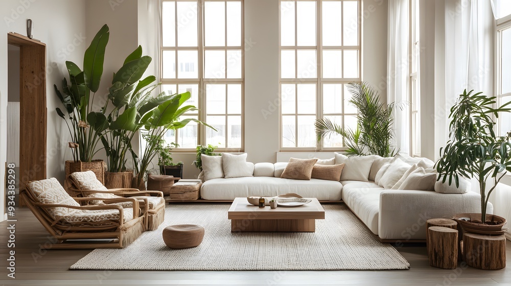 Bright minimalist living room with large windows, tropical plants, and cozy white furniture Bright minimalist living room with large windows, tropical plants, and cozy white furniture