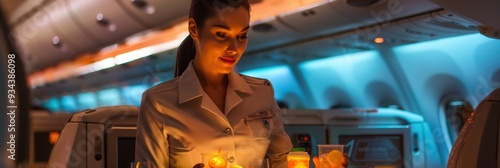 A flight attendant gracefully serves drinks to passengers in a dimly lit cabin during an evening flight. Generative AI photo