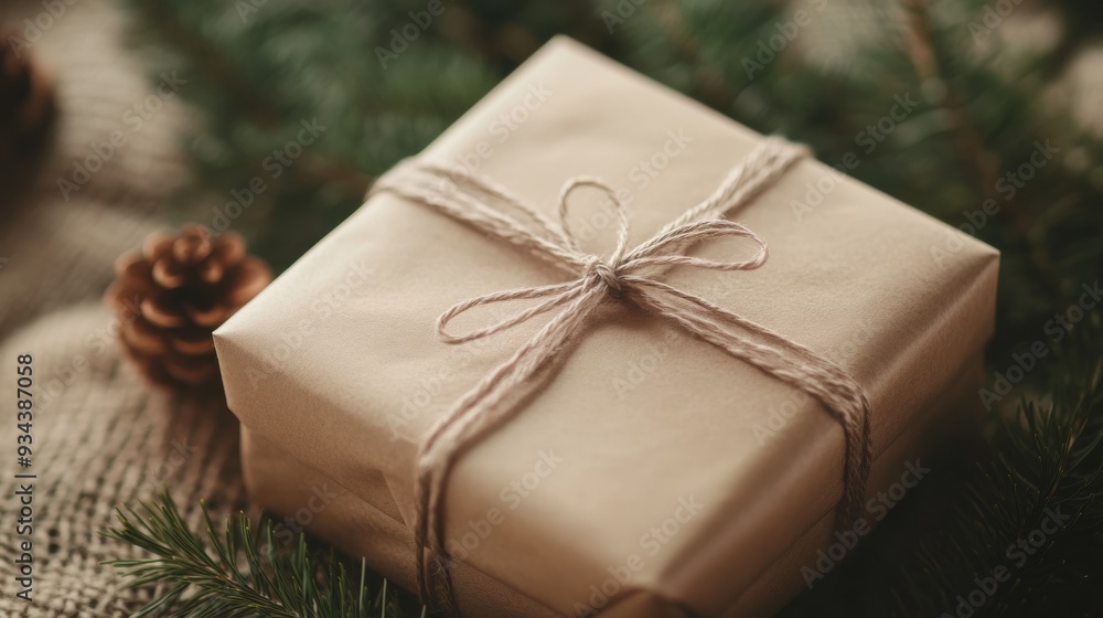 A brown box with a bow on it is sitting on a blanket with pine cones A brown box with a bow on it is sitting on a blanket with pine cones