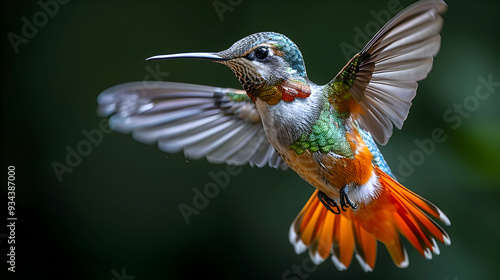 Amazon Crimson Topaz hummingbird in mid-flight, its vibrant colors and wings creating a dynamic scene photo