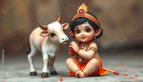Cute baby Lord Krishna sits nere to a sacred cow Hindu god Lord Krishna with a little calf. Indian religious festival. Krishna Janmashtami, Govardhan Puja, Vasubaras.	