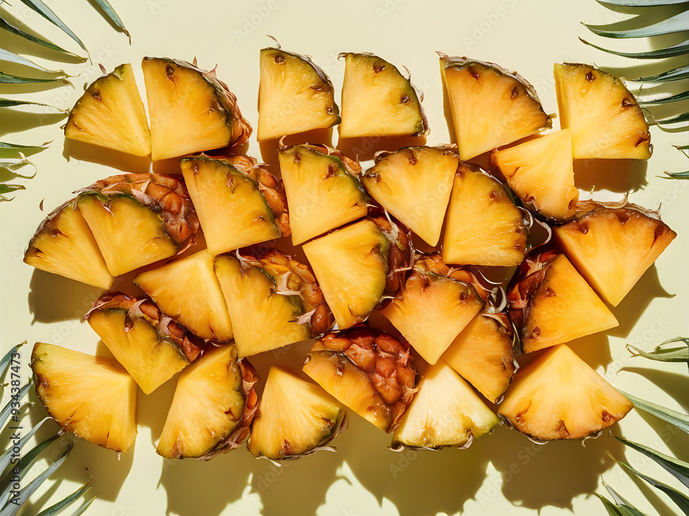 Rodajas de piña fresca dispuestas sobre un fondo amarillo claro
Rodajas de piña fresca dispuestas sobre un fondo amarillo claro