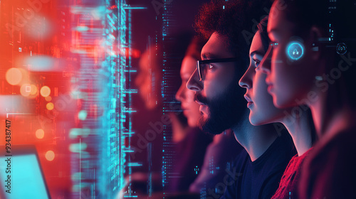 Wallpaper Mural AI-driven cybersecurity threat concept illustration. Diverse IT specialist team analyzing data and information technology, focusing on artificial intelligence cyber attack analysis, side view  Torontodigital.ca