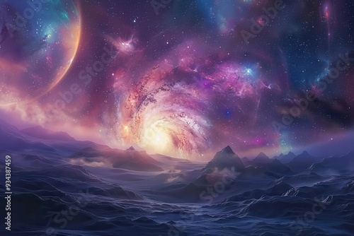 Purple Nebula and Stars Over Mountainous Alien Planet Landscape
