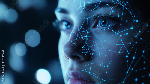 Close-up of a Face with Digital Facial Recognition Overlay