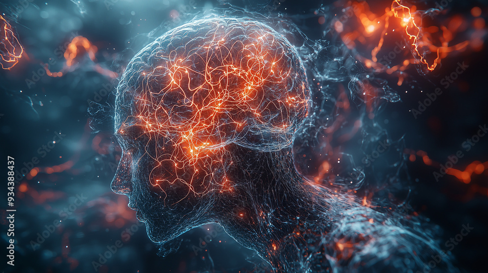 A glowing brain pulses with energy in a futuristic scientific setting